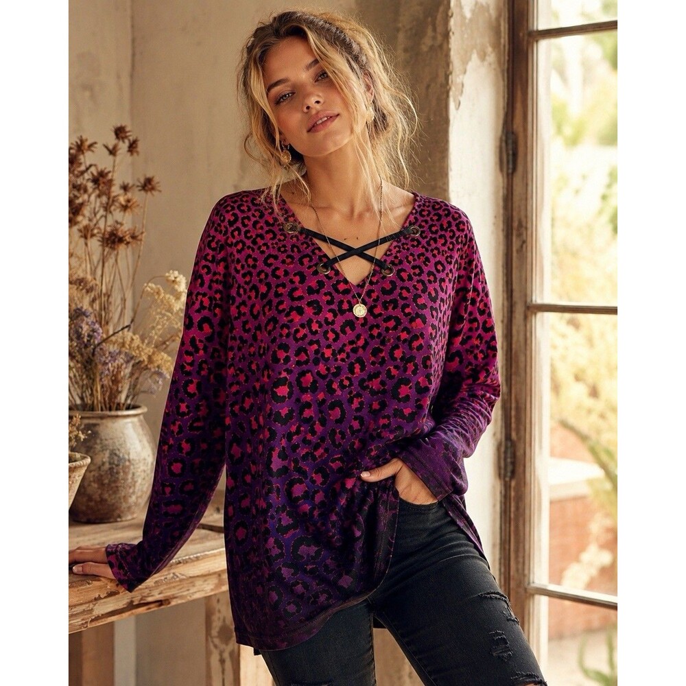 Bob Mackie Wearable Art M Ombre Leopard Tunic Top Lace Up Long Sleeve EUC